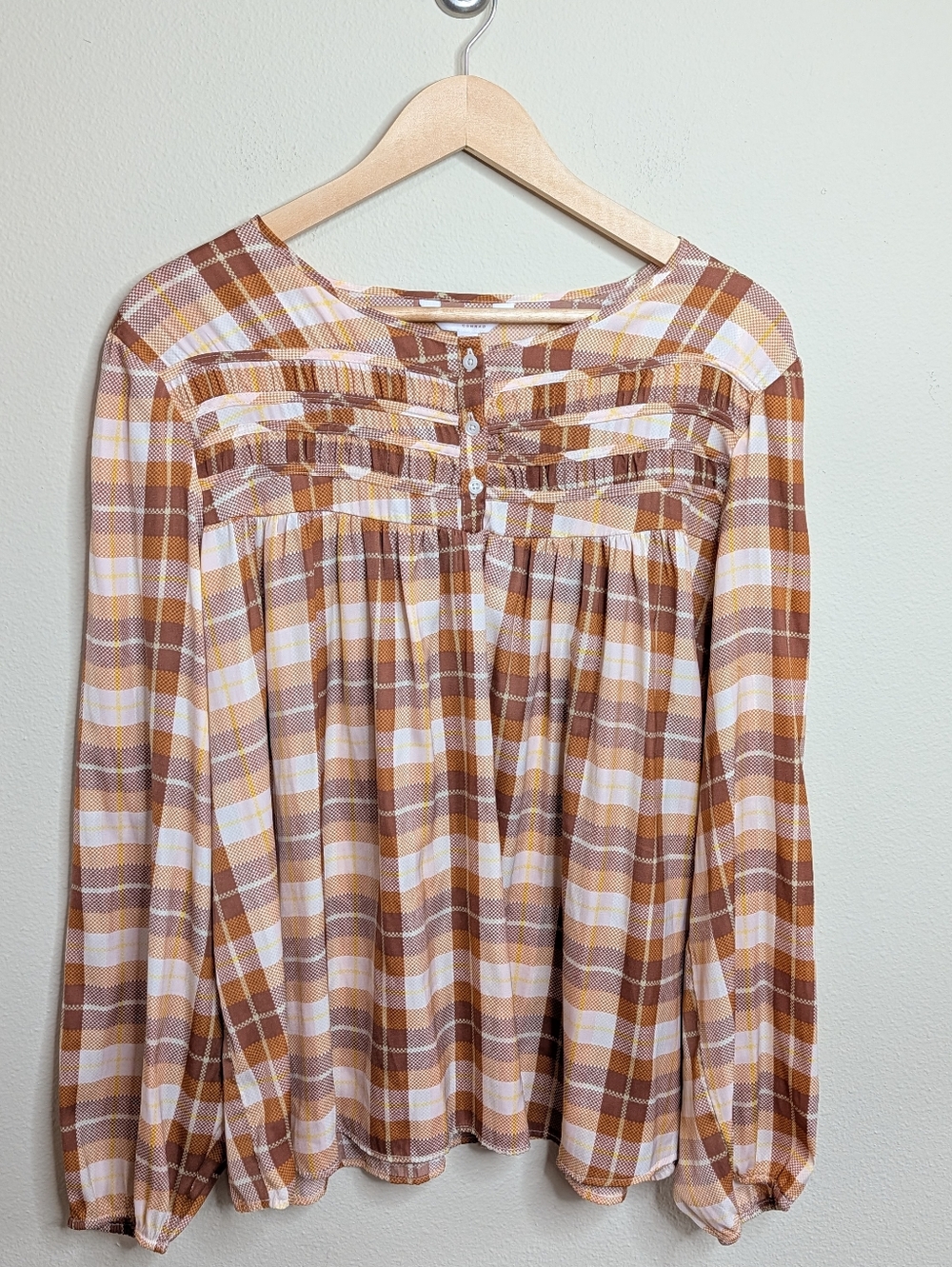 LC Lauren Conrad XXL‎ Plaid Ruched Yoke Peasant Blouse Long Sleeve